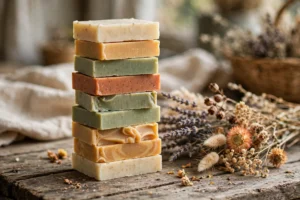 Stack of colorful handmade cold process soap bars