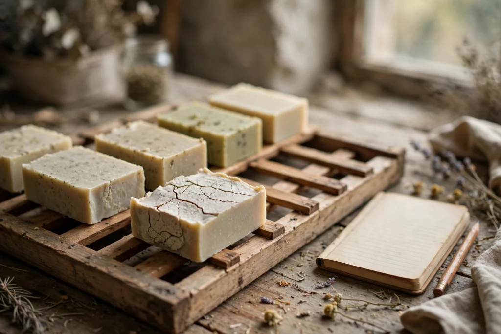 Handmade soap bars curing on a wooden rack