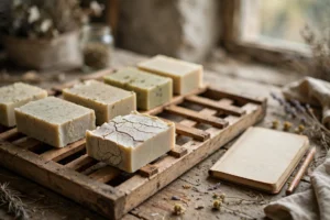 Handmade soap bars curing on a wooden rack
