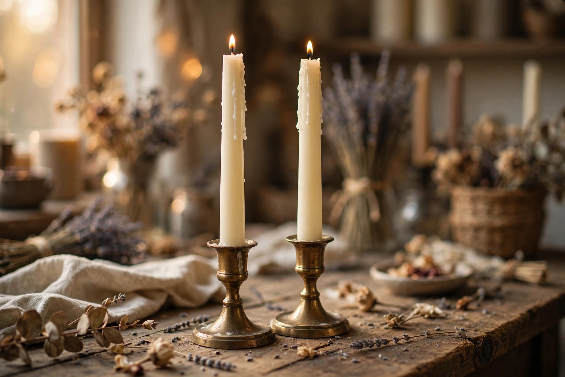 A pair of finished taper candles in brass holders