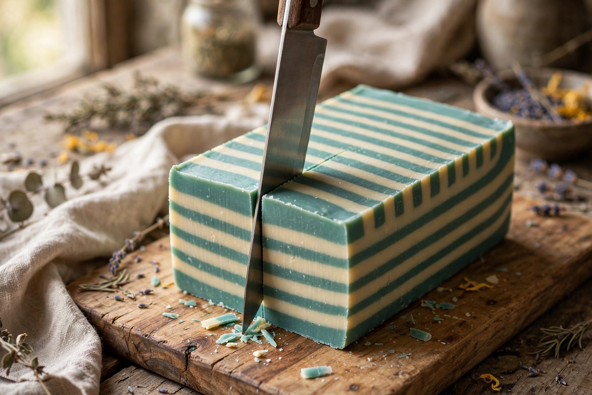 Cutting a striped melt-and-pour soap loaf revealing crisp layers