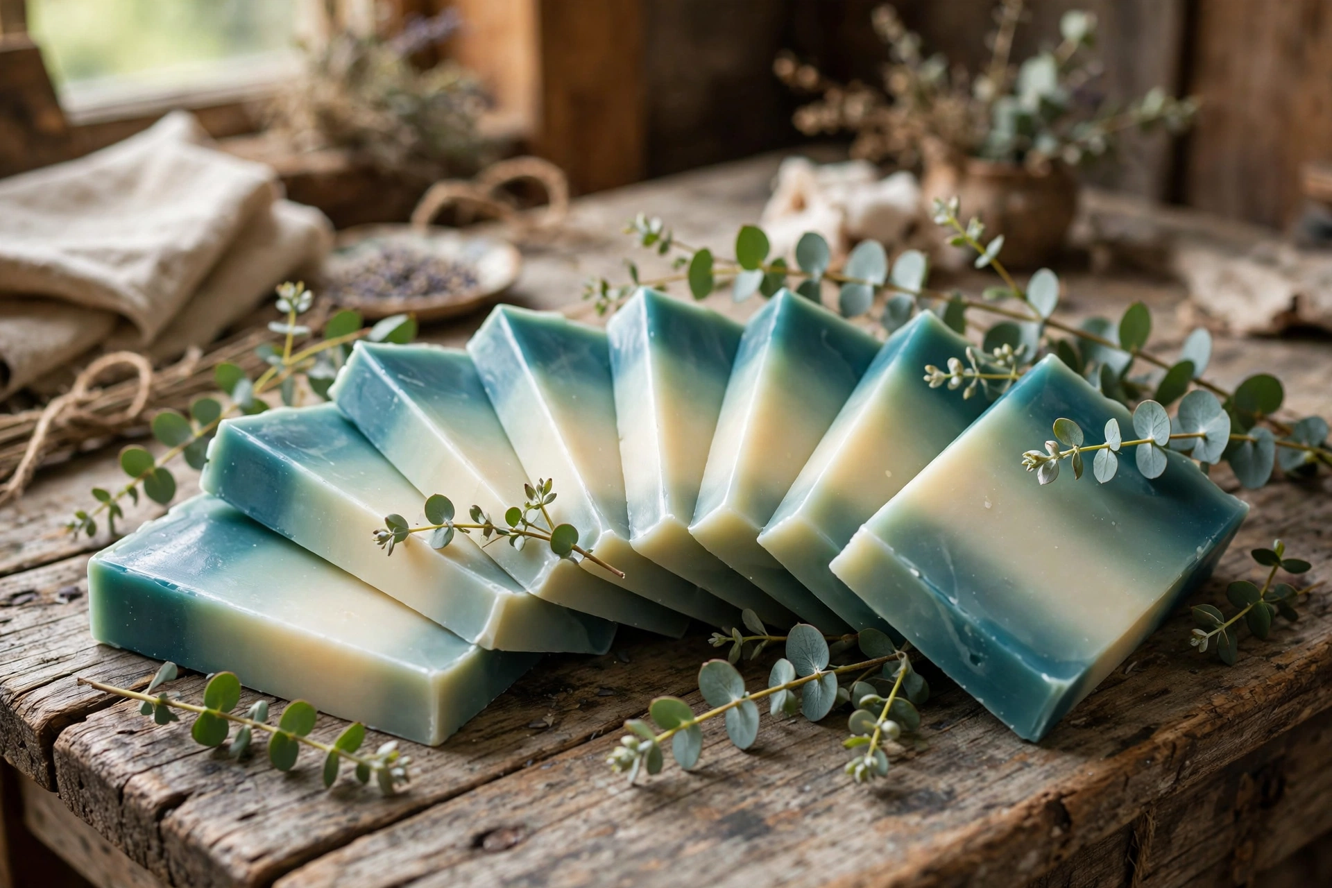 Finished ombre soap bars showing a smooth teal-to-cream gradient