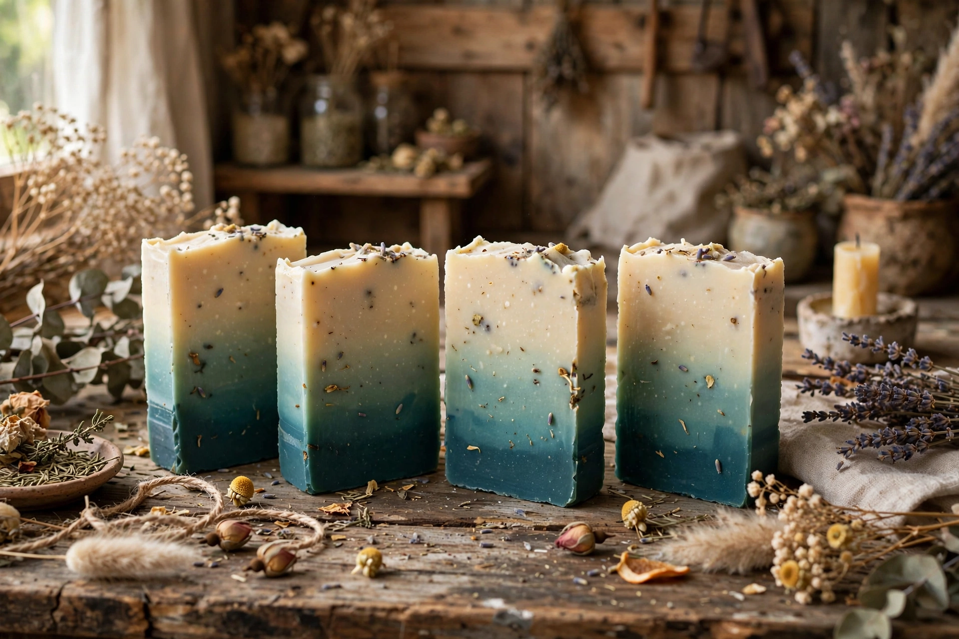 Ombre melt-and-pour soap bars fading from deep teal to cream on a wooden table