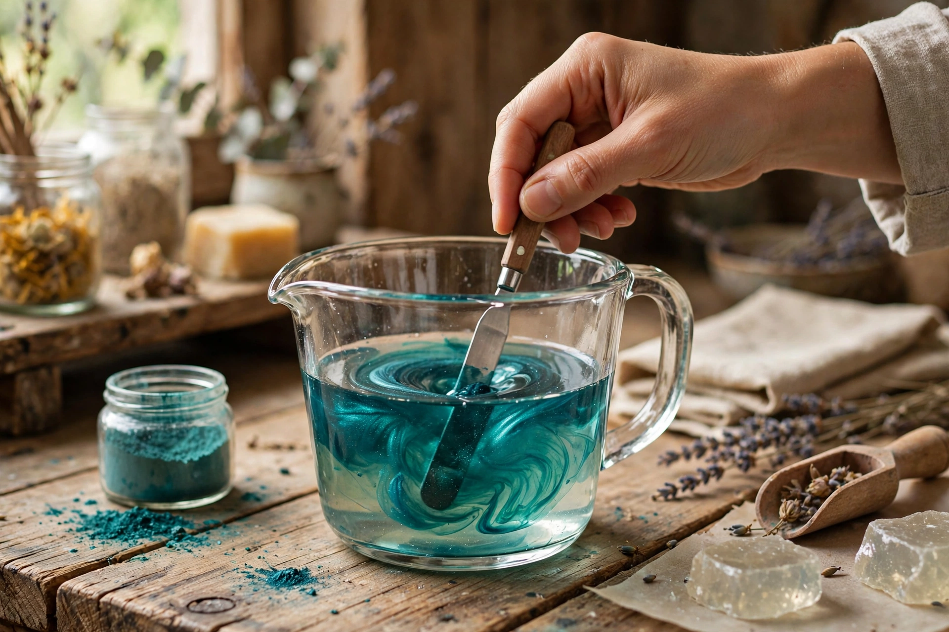 Stirring teal colorant into melted clear soap base in a measuring cup