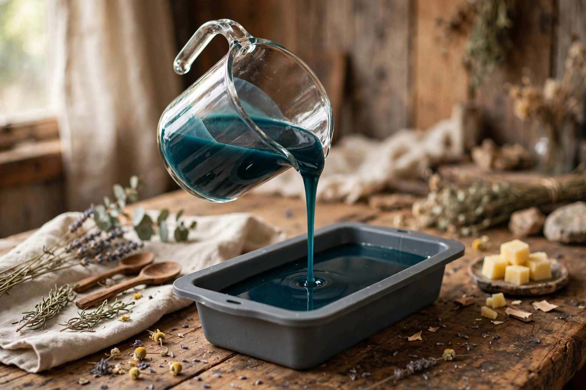 Pouring the first teal soap layer into a silicone loaf mold