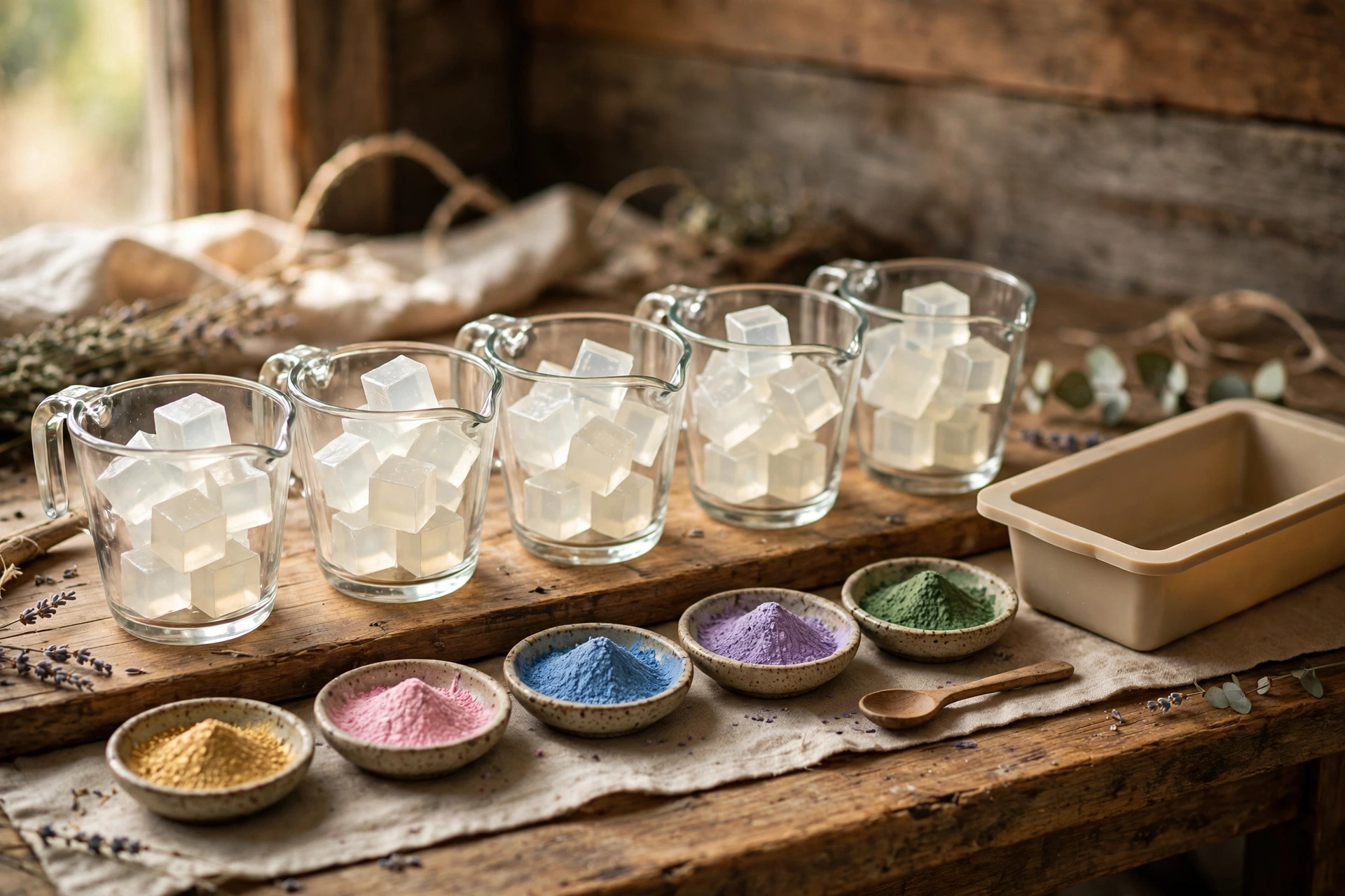 Measured chunks of melt-and-pour base and colorants staged beside a loaf mold