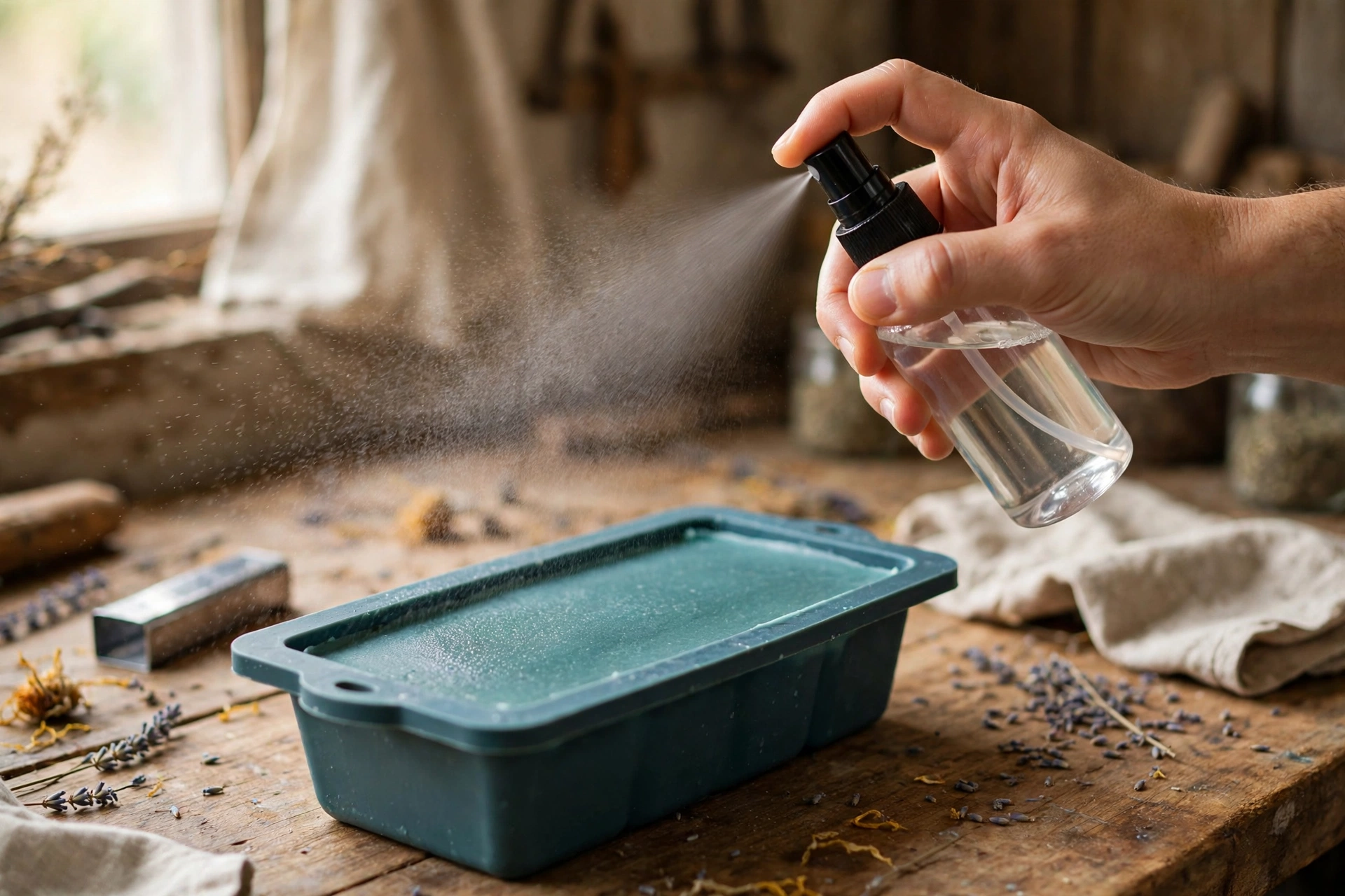 Spritzing rubbing alcohol onto a set soap layer before pouring the next