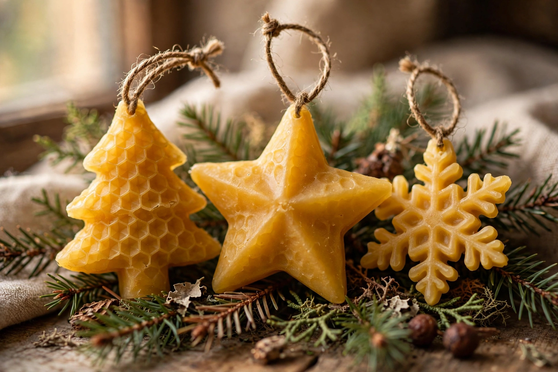 Close-up of finished golden beeswax ornaments showing smooth wax texture and twine loops