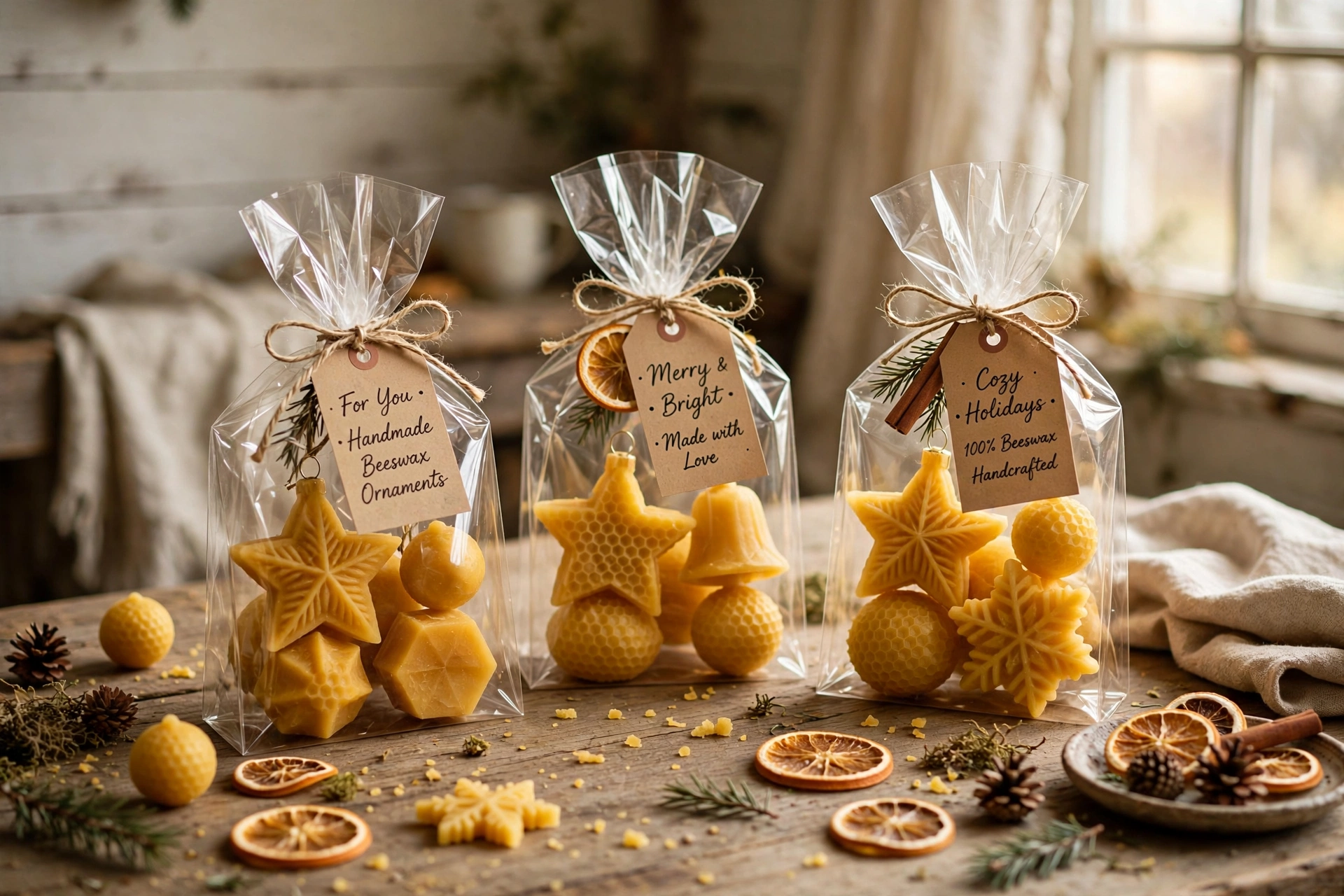 Beeswax Christmas ornaments in clear cello bags with kraft tags and twine, ready as gifts