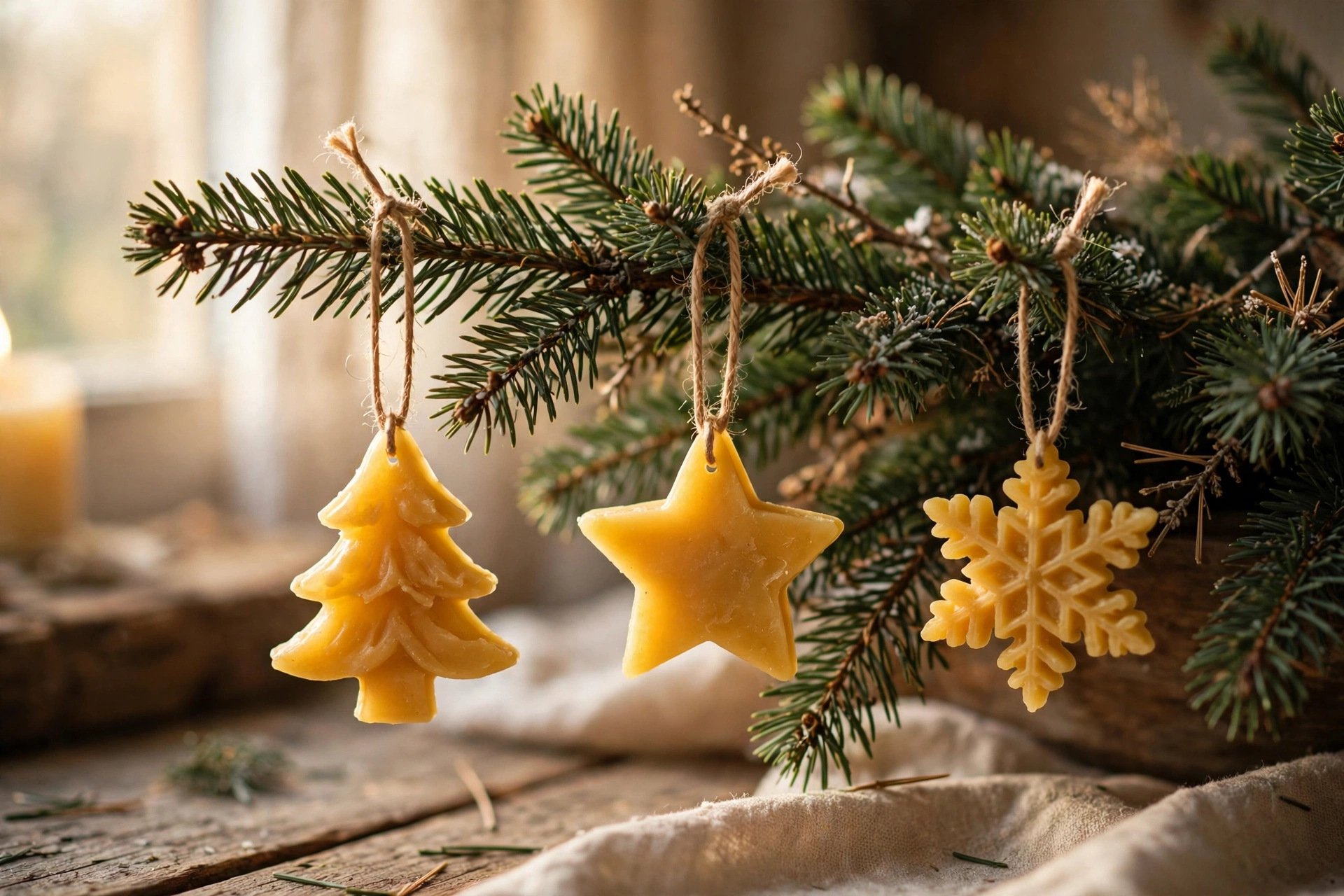 Golden beeswax Christmas ornaments hanging by twine loops on a rustic Christmas tree