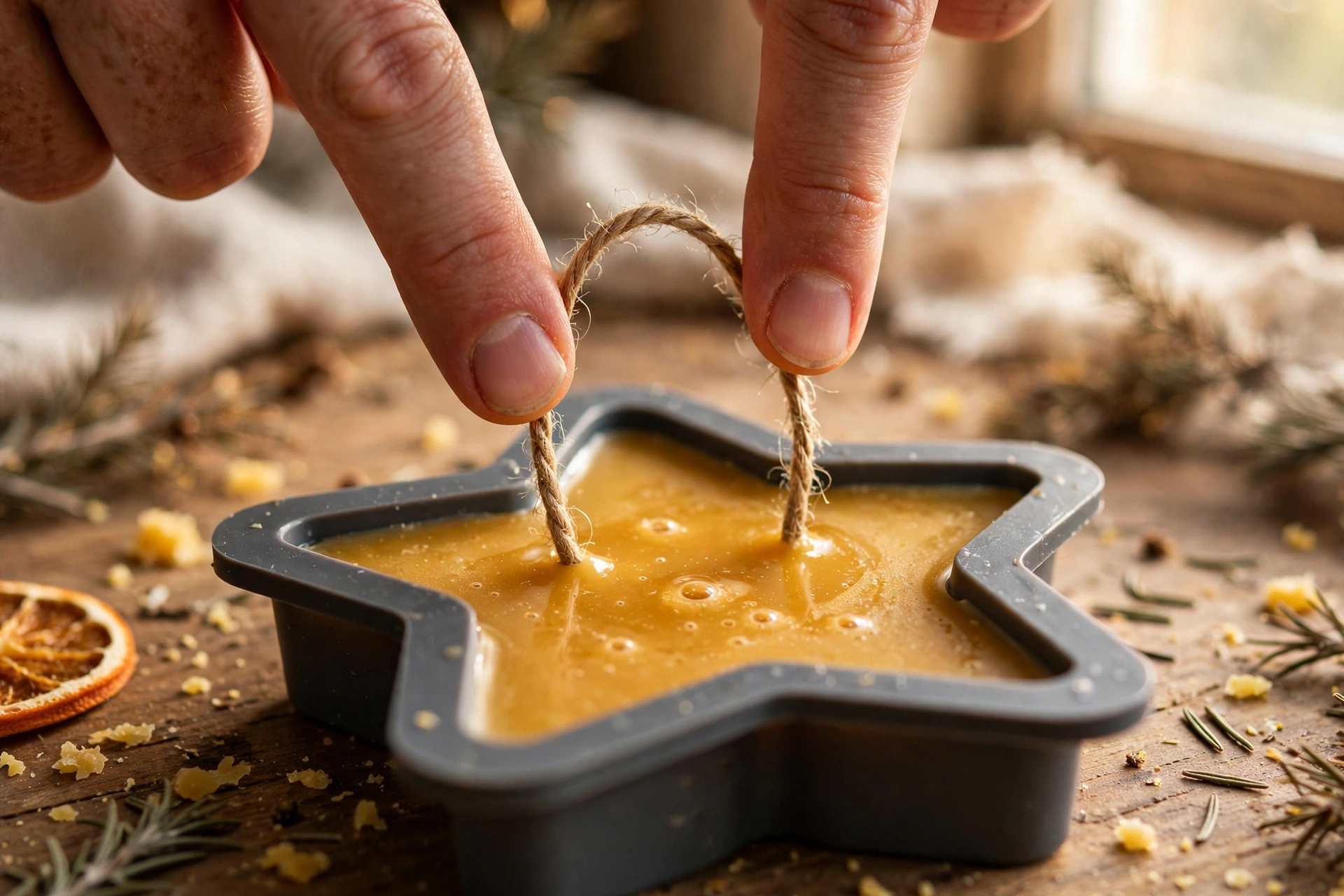 Pressing the ends of a twine hanging loop into a freshly poured beeswax star ornament
