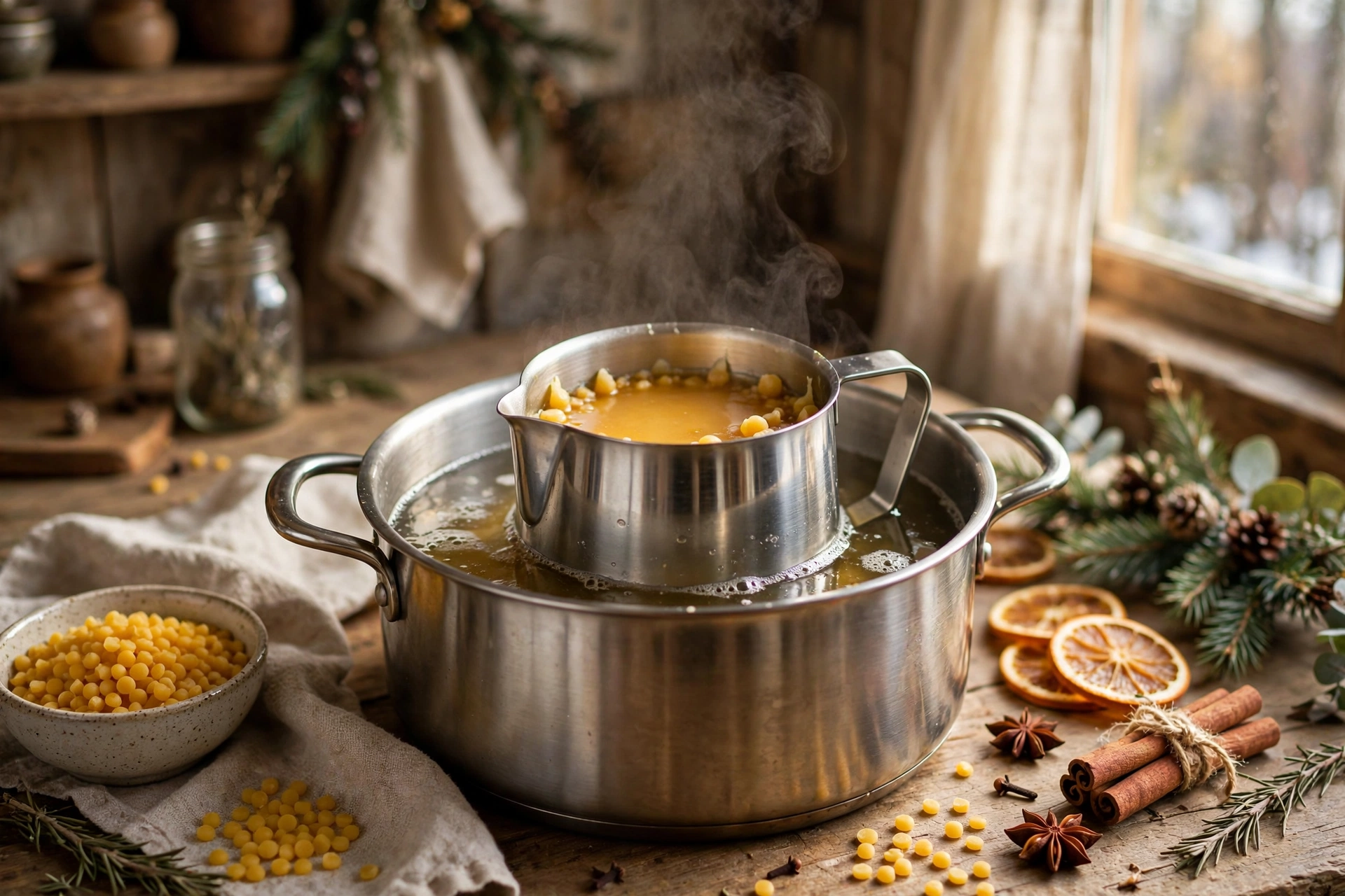Golden beeswax pellets melting in a metal pouring pitcher over a double boiler