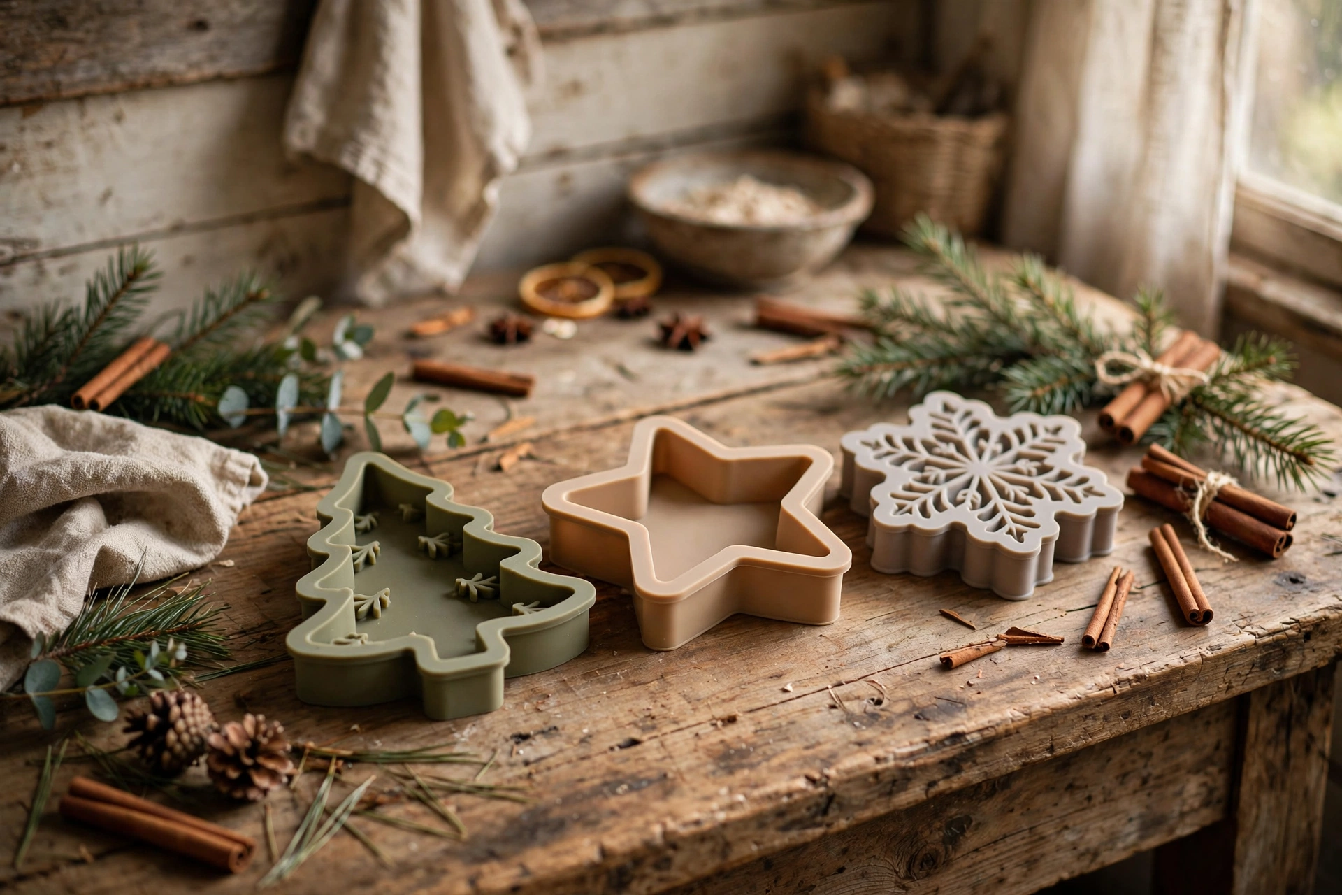 Silicone holiday molds in tree, star, and snowflake shapes on a rustic wooden workbench