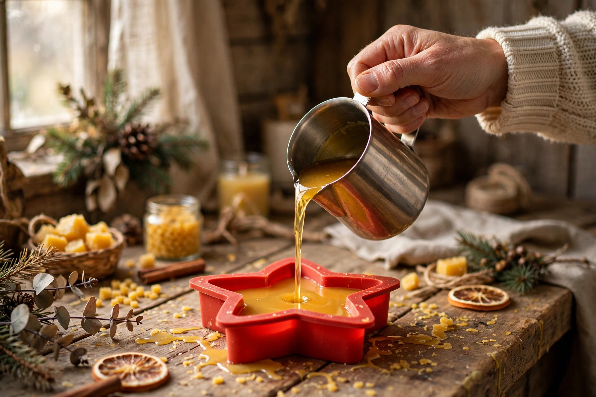 Pouring golden liquid beeswax from a pitcher into a silicone star mold