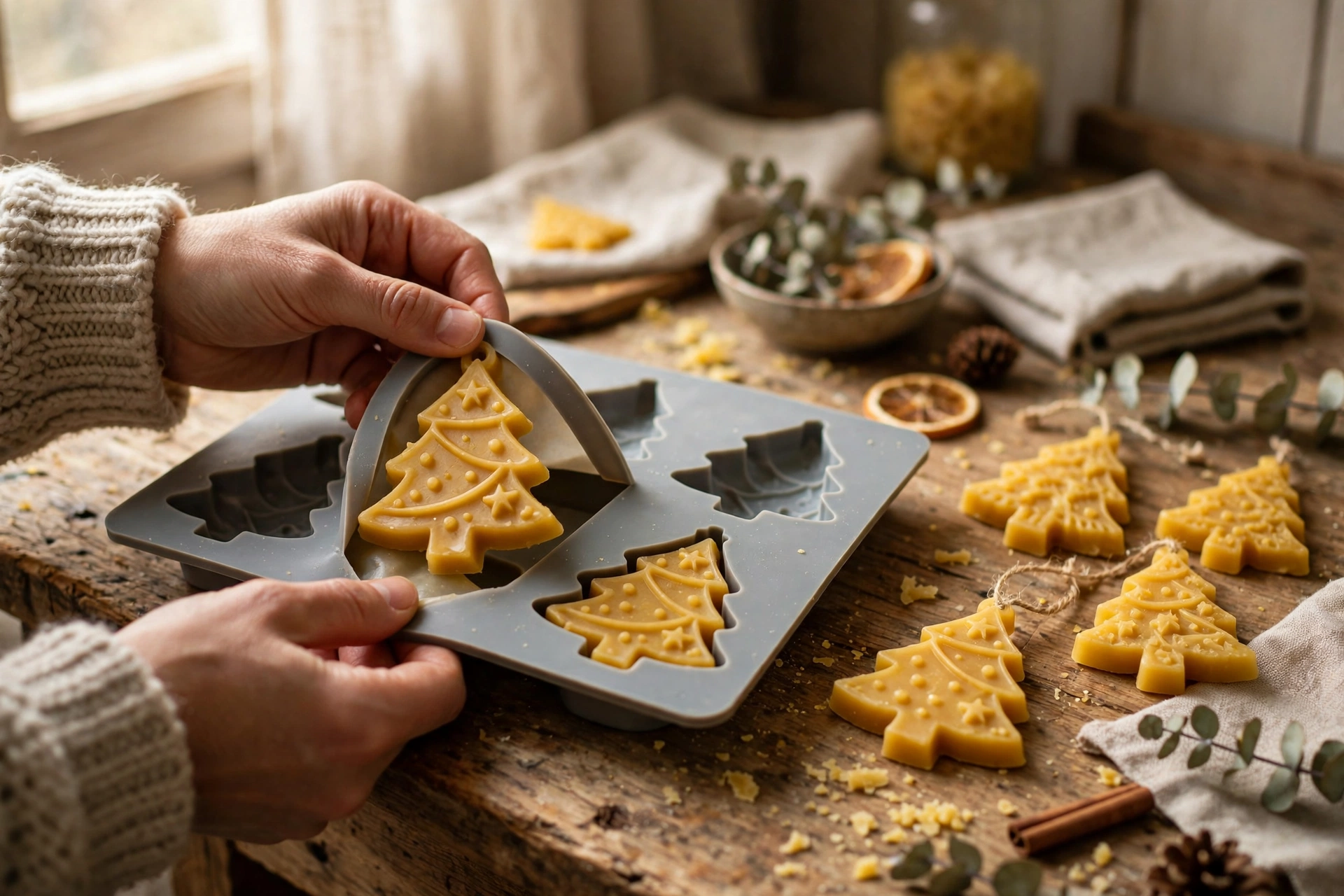 Hands gently unmolding a golden beeswax Christmas tree ornament from a silicone mold