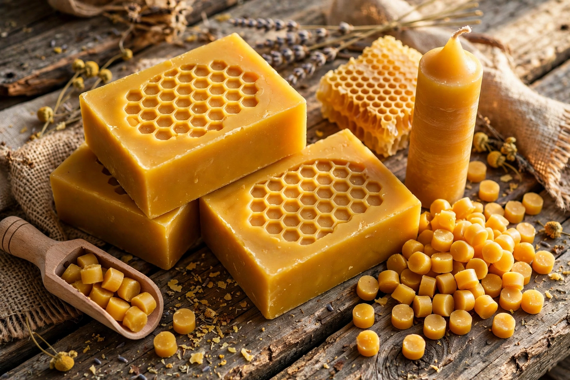 Finished golden beeswax blocks and wax pellets stacked on weathered wood beside a beeswax candle