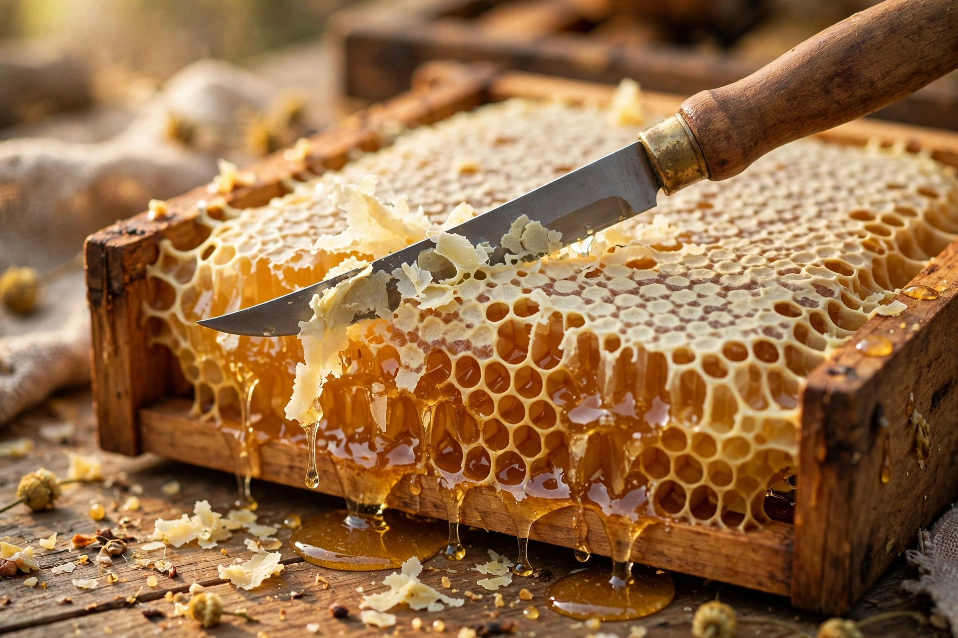 An uncapping knife slicing pale wax cappings from a honeycomb frame, golden honey cells beneath