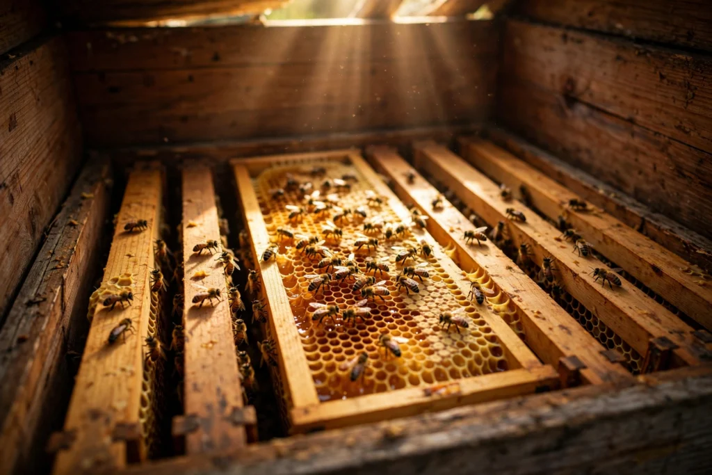 Honeycomb frames inside a wooden beehive, honeybees crawling on golden comb in warm golden light
