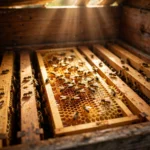 Honeycomb frames inside a wooden beehive, honeybees crawling on golden comb in warm golden light