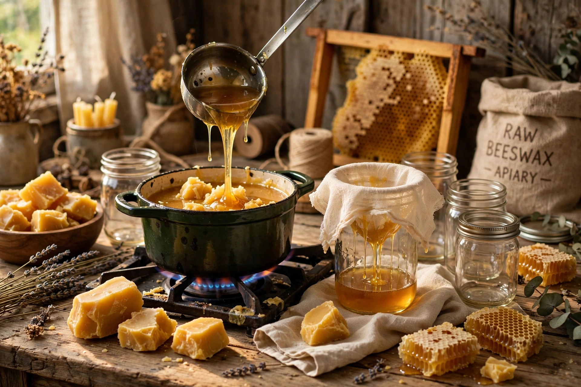 Rustic beeswax rendering setup with golden wax melting in a pot, ladle, cheesecloth, and jars on a wooden table