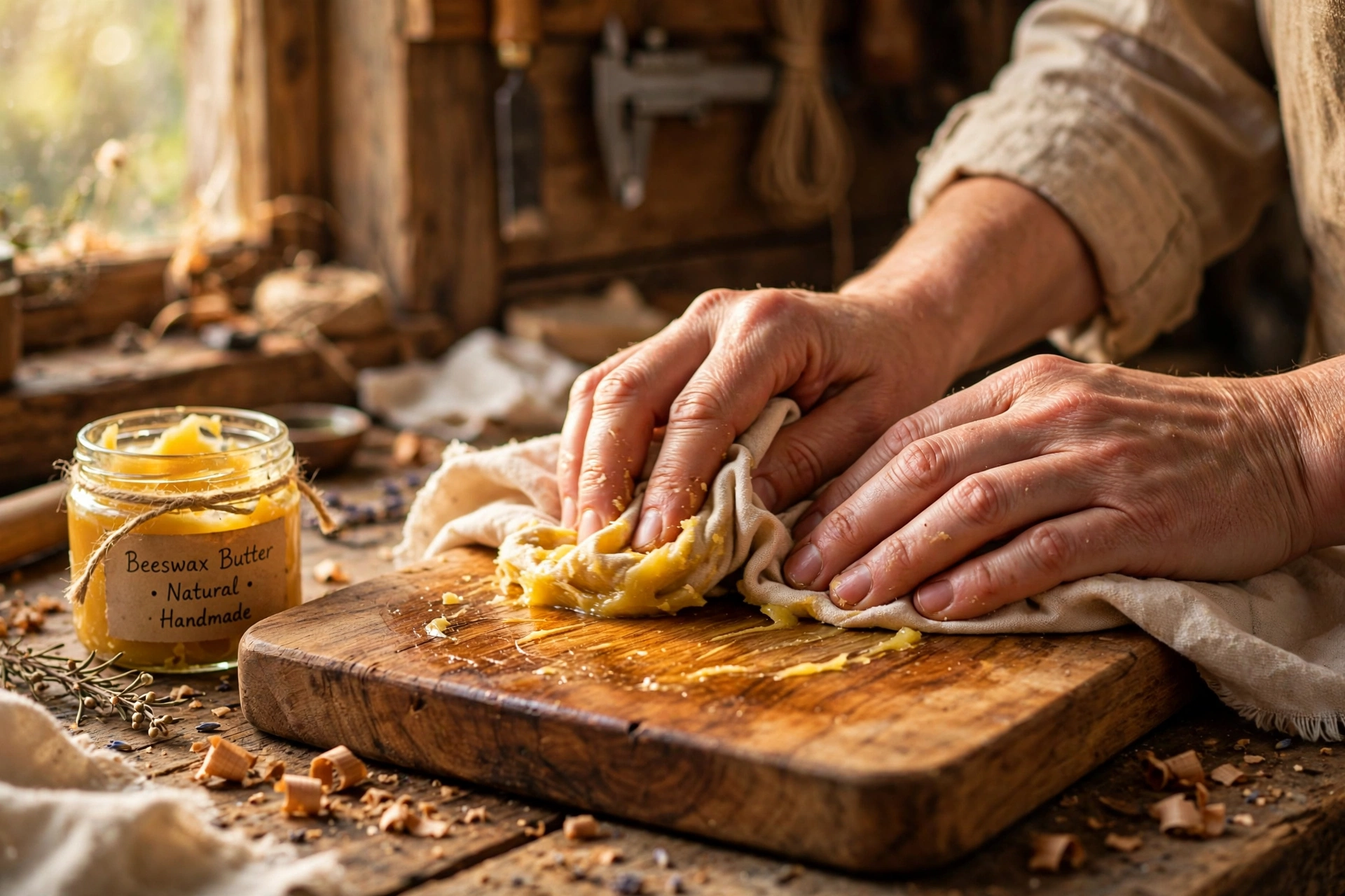 Hands rubbing beeswax wood butter into a wooden cutting board with a soft cloth