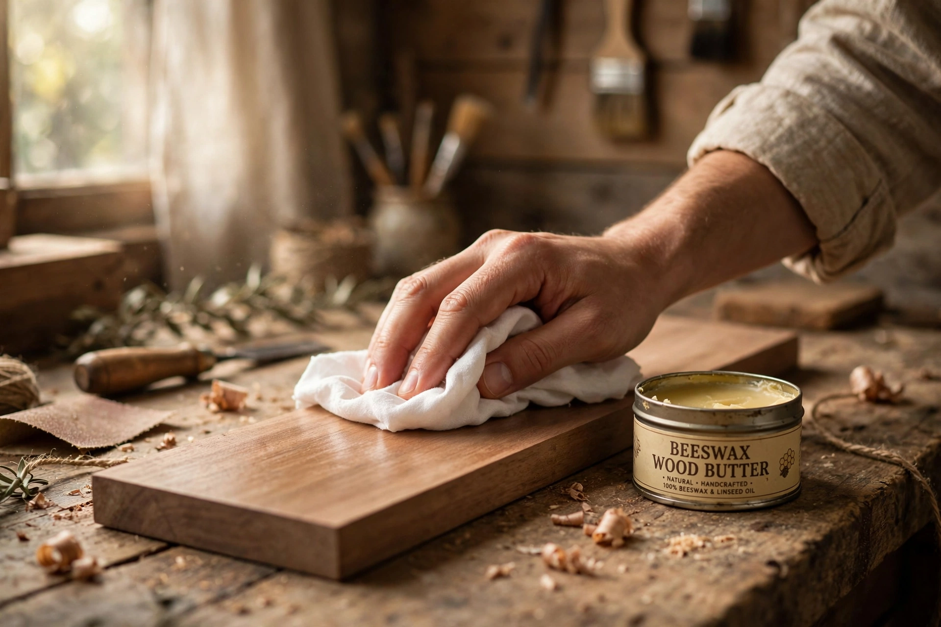 Hand buffing a wooden surface to a soft shine with a clean white cloth, open tin of beeswax polish nearby