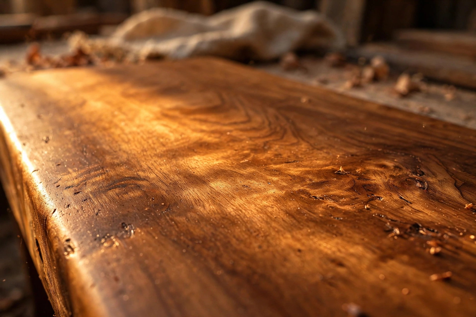 Close-up of a polished wooden furniture surface showing rich grain and a soft satiny wax sheen