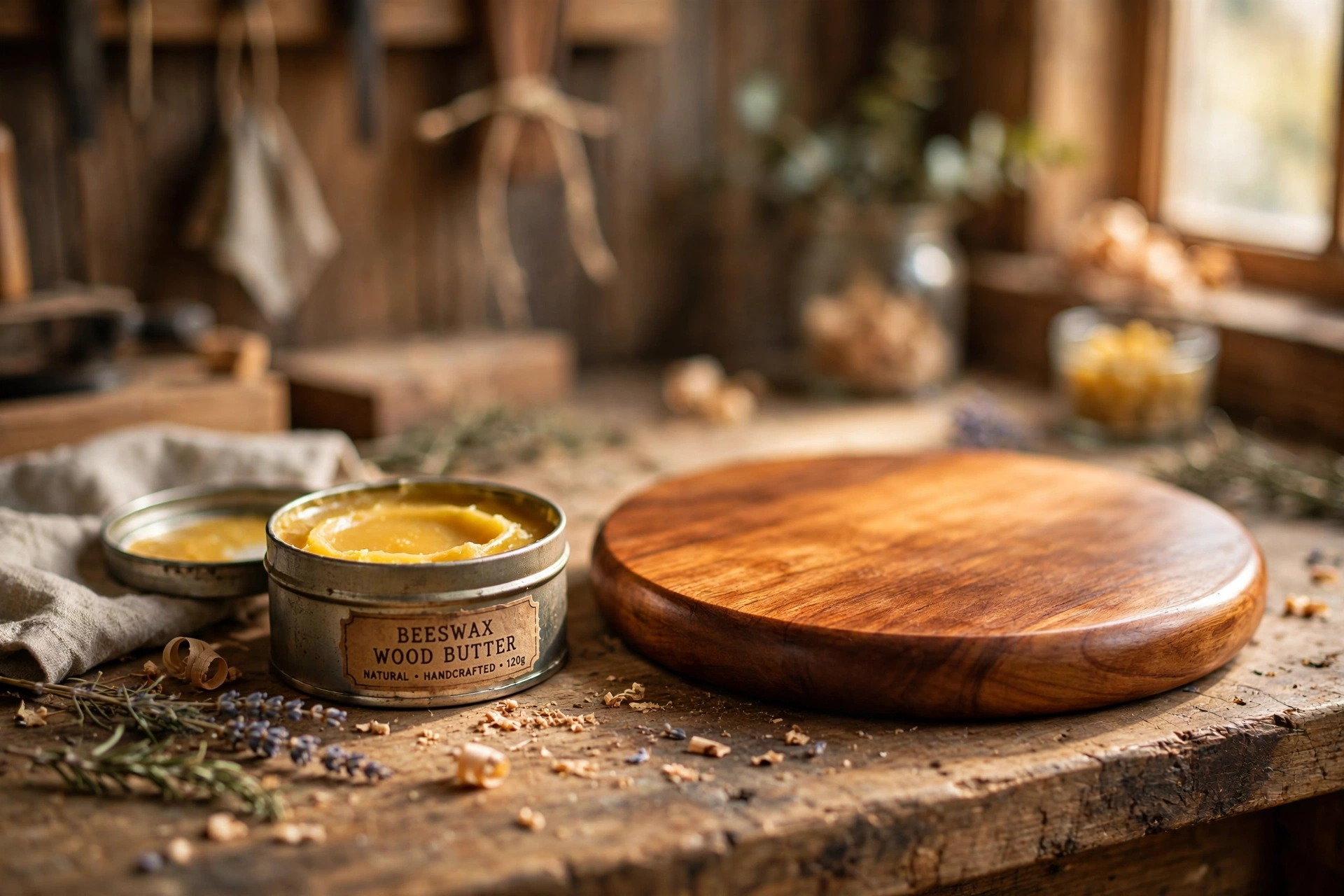 Open tin of golden beeswax wood butter beside a freshly polished wooden cutting board on a rustic workbench