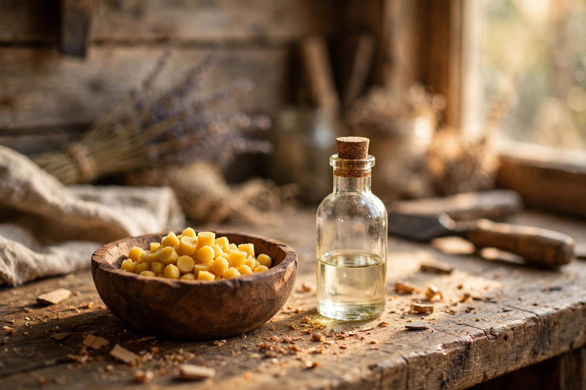 Yellow beeswax pastilles in a wooden bowl beside a glass oil bottle on a rustic workbench