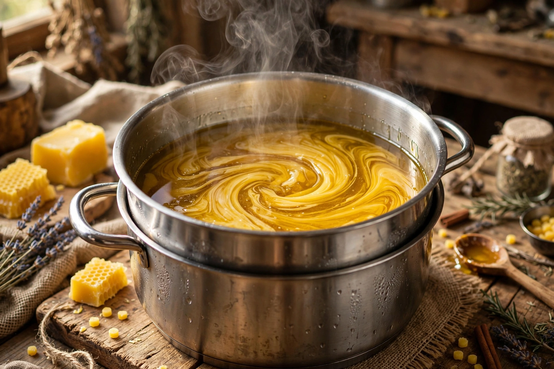 Beeswax and golden oil melting together in a double boiler over gentle steam