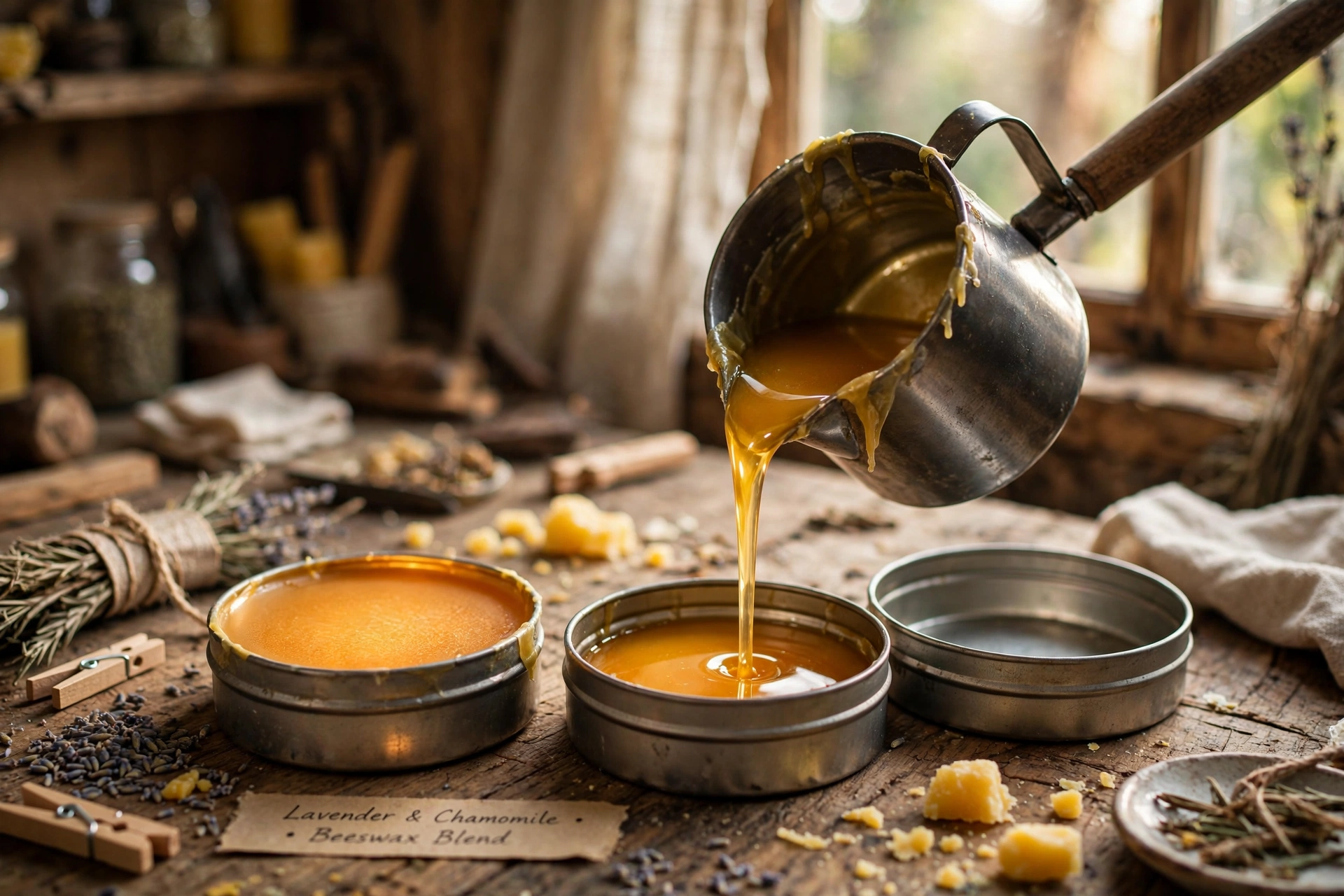 Golden melted beeswax blend being poured into small round metal tins