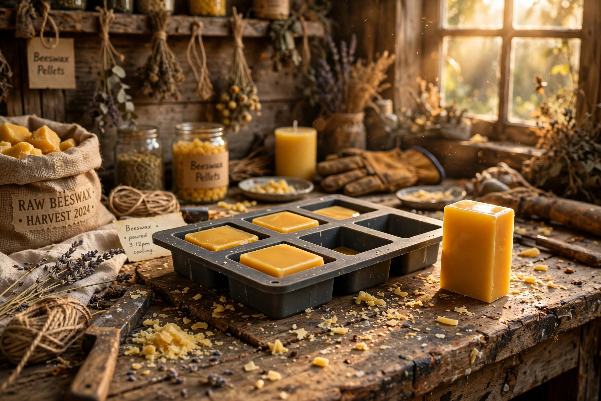 Finished golden beeswax blocks cooling in silicone molds on a wooden workbench, one block standing on end