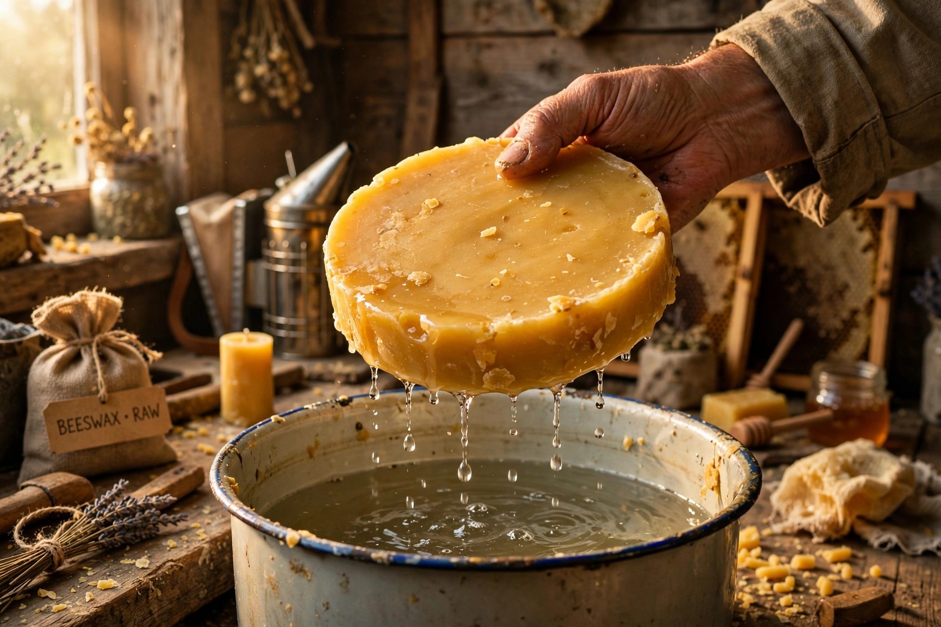 A thick disc of solidified golden beeswax being lifted from a pot of water