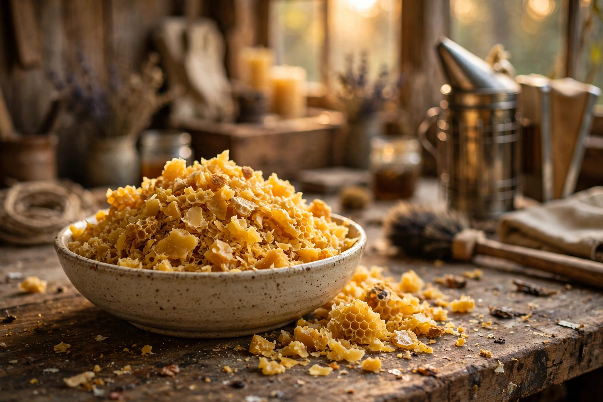 A bowl of raw golden beeswax cappings on a wooden workbench in a rustic workshop
