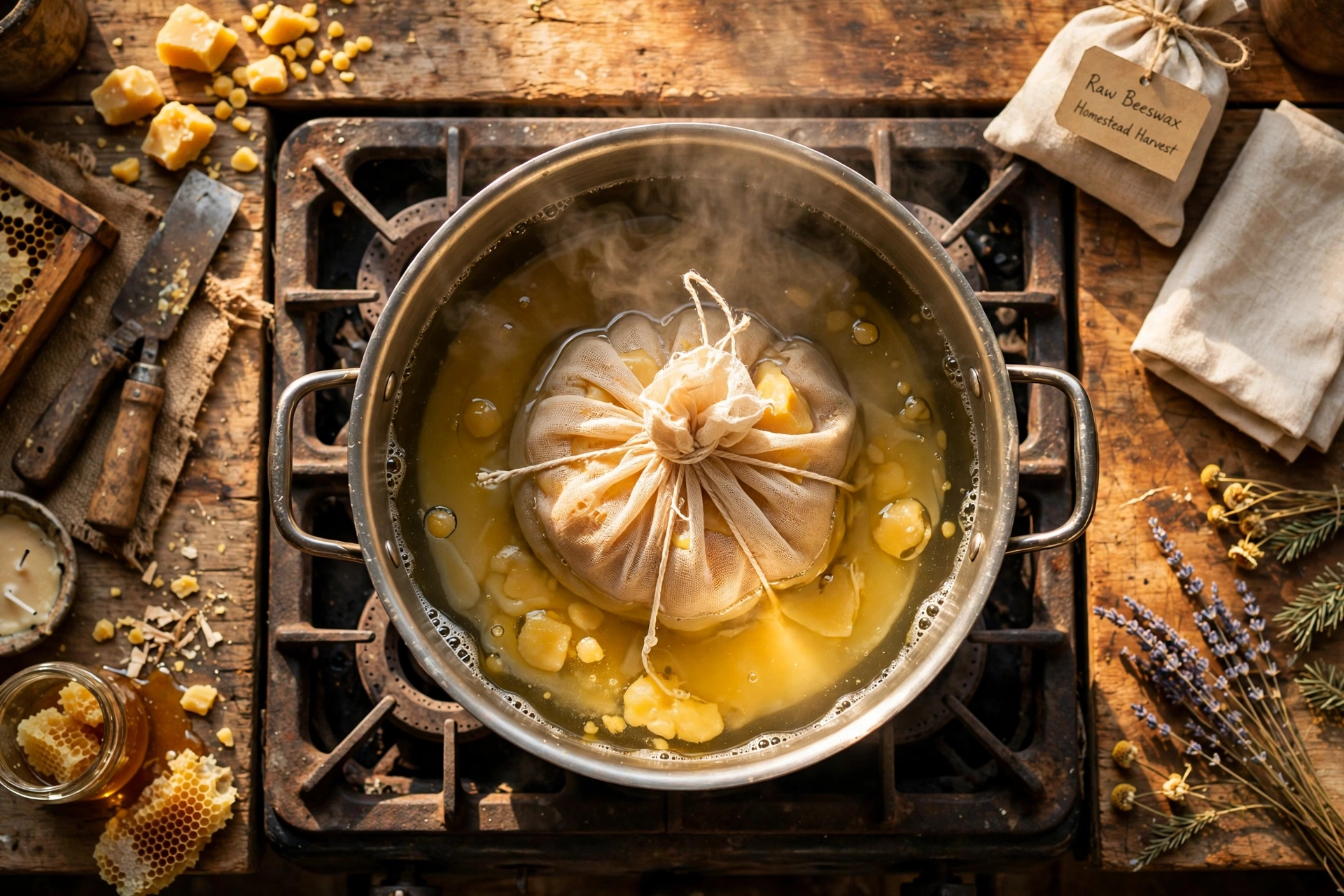 A cheesecloth bag of raw beeswax submerged in a gently simmering water bath, golden melted wax rising to the surface