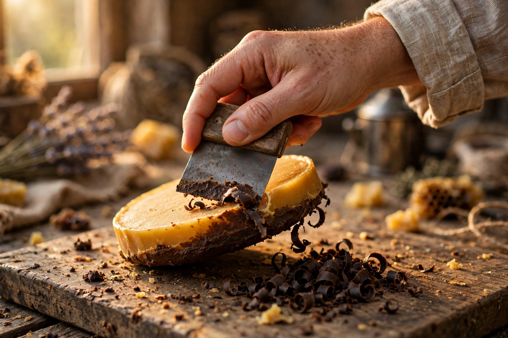 A hand scraping the dark sediment layer off the bottom of a solidified beeswax disc with a bench scraper