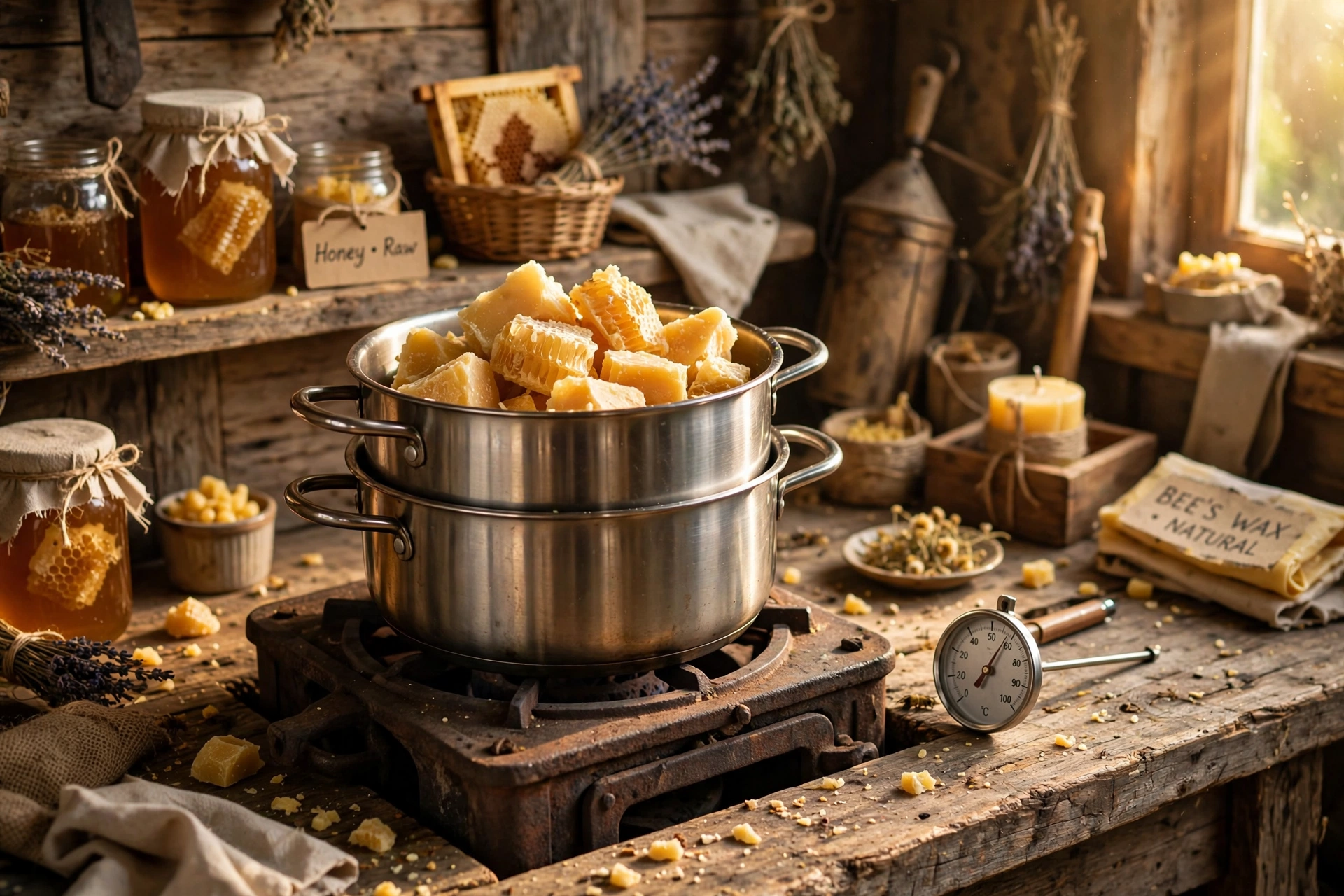 A double boiler setup with chunks of golden beeswax melting in the upper pot, thermometer resting nearby