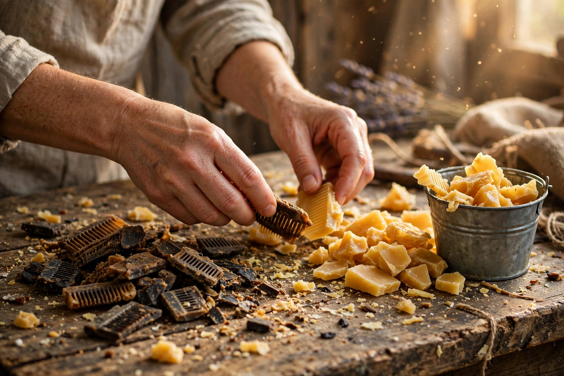 Hands sorting raw beeswax comb pieces, separating light golden cappings from dark old comb