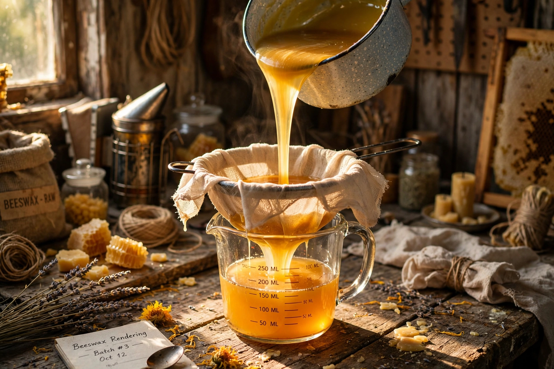 Golden melted beeswax being poured through a cheesecloth-lined strainer into a pouring pitcher