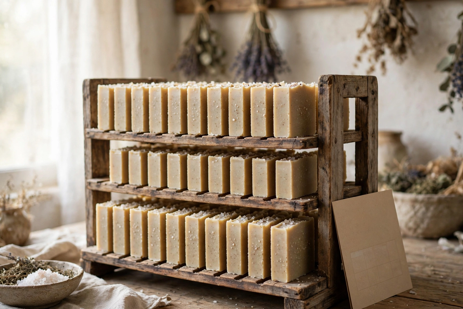 Sea salt soap bars curing on a wooden rack with airflow between them