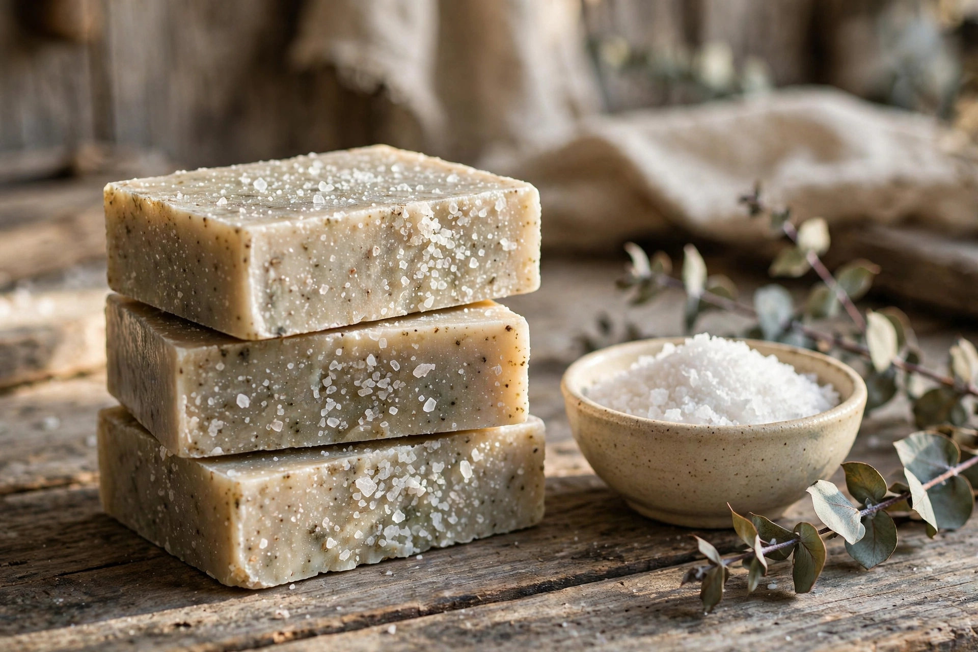 Stack of rustic sea salt spa soap bars with visible salt crystals on a wooden table