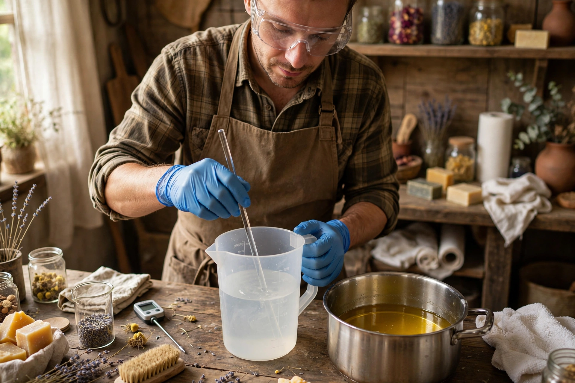 Soapmaker in goggles and gloves stirring lye solution in a pitcher
