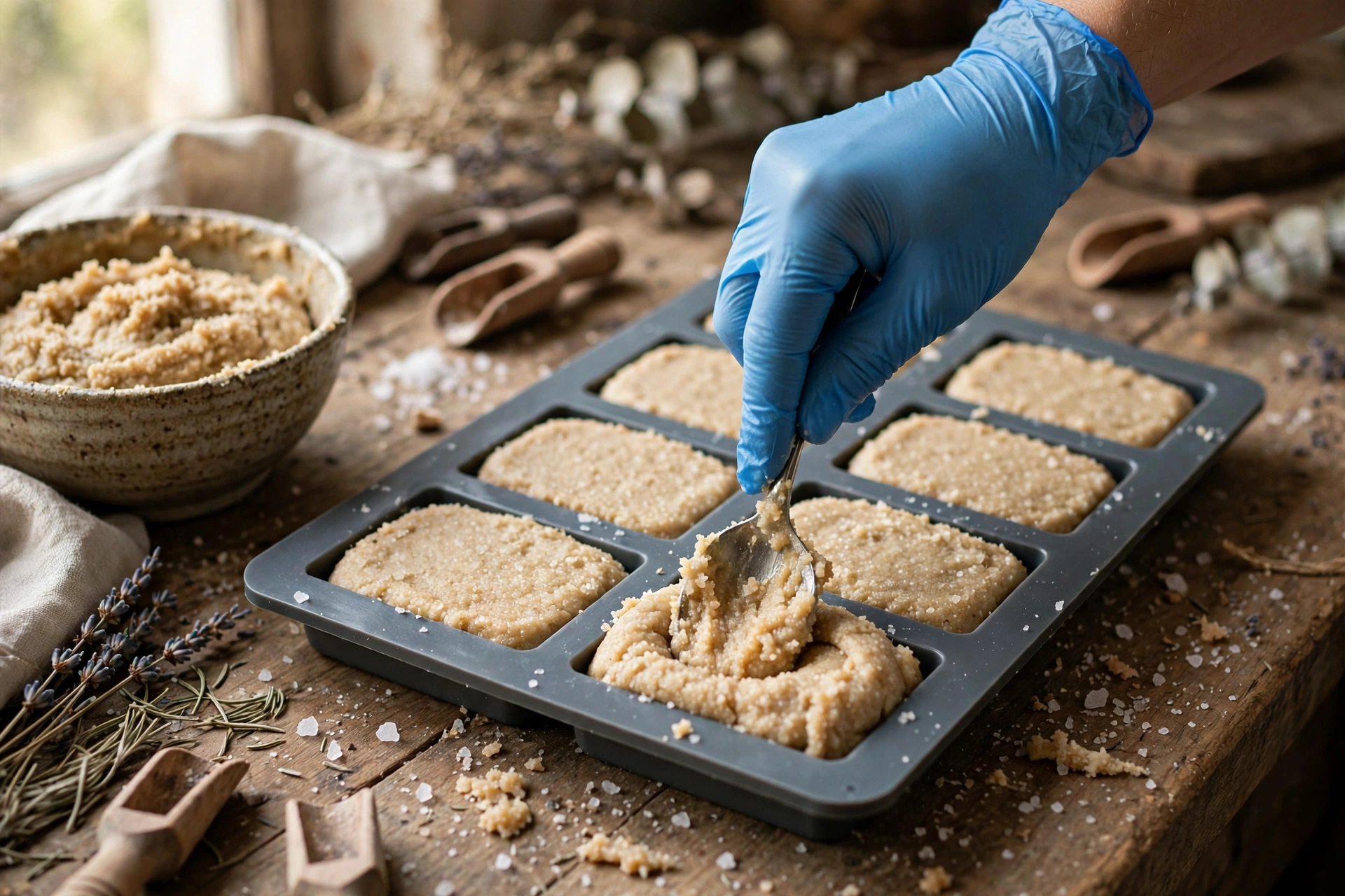 Spooning thick salt soap batter into individual silicone cavity molds