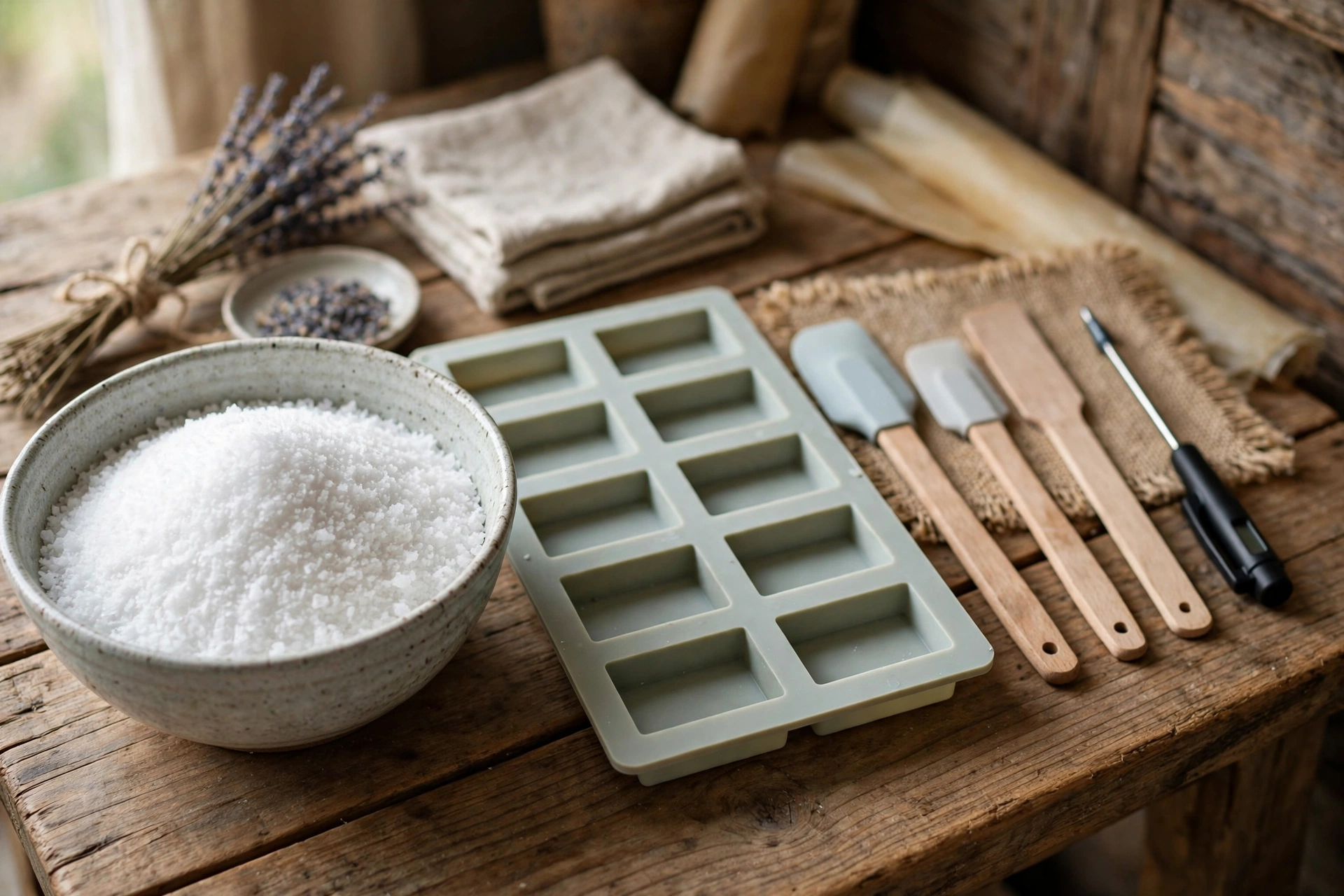 Bowl of fine sea salt beside staged soap molds and spatulas on a workbench
