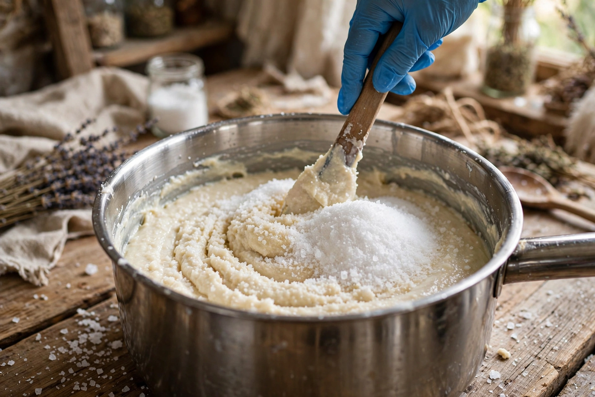 Stirring fine sea salt into soap batter in a steel pot