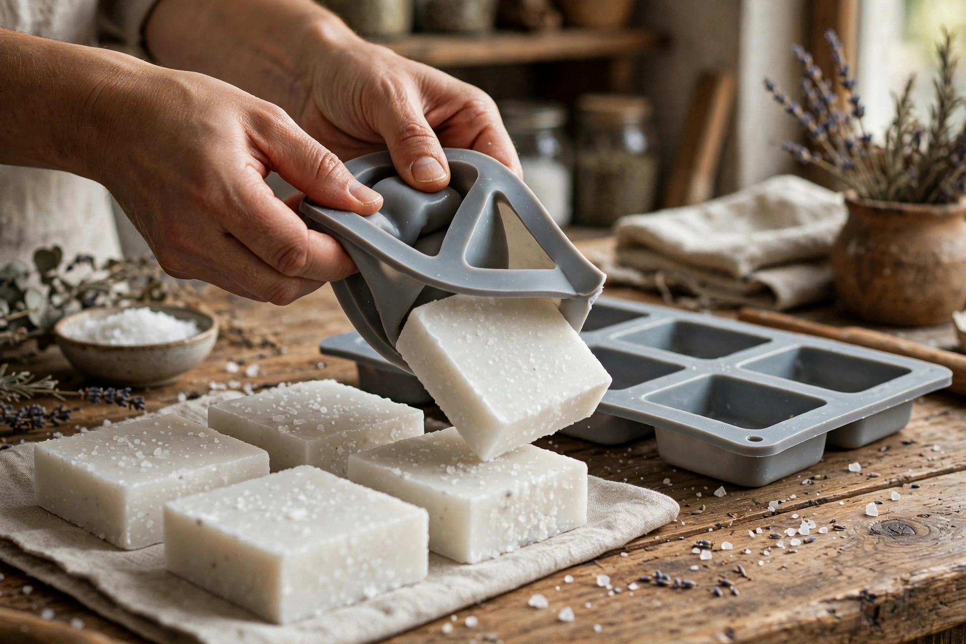 Unmolding firm sea salt soap bars from silicone cavity molds