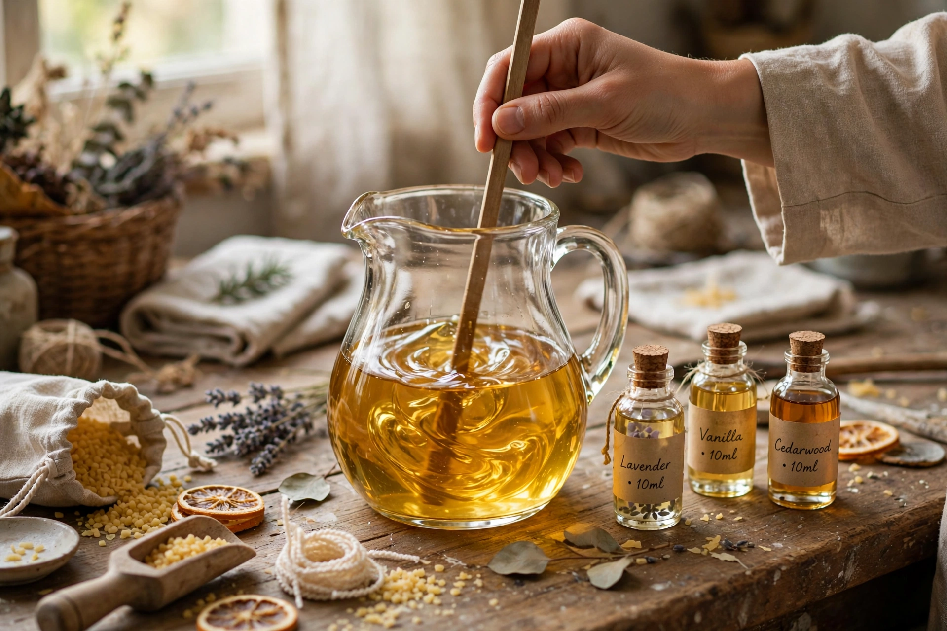Stirring fragrance oil into melted wax