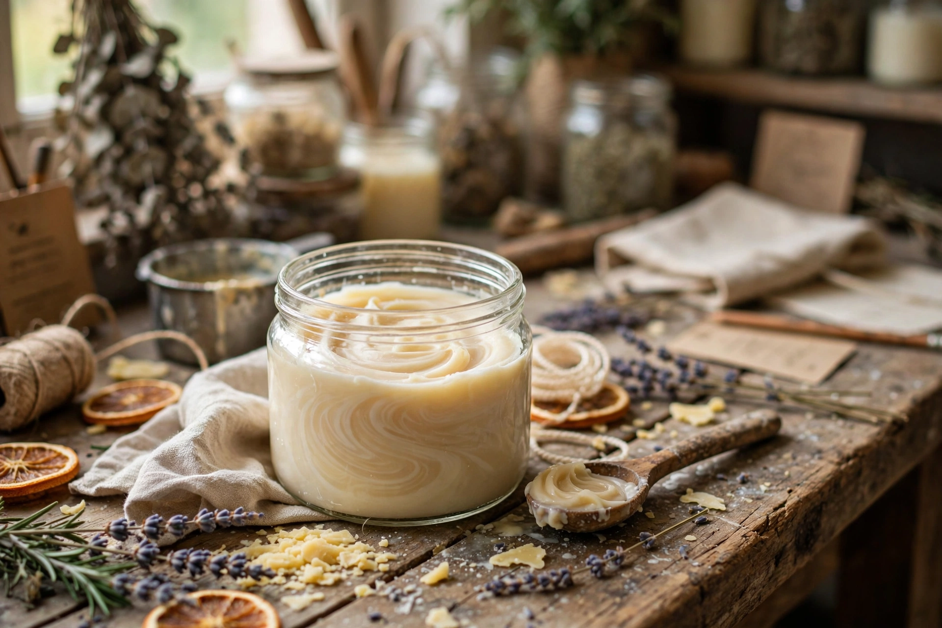 Open jar of soft scoopable wax melts with a small wooden spoon on a workbench