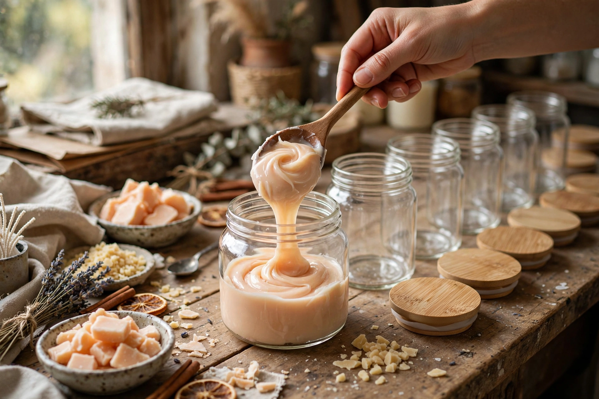 Spooning soft wax melts into a glass jar