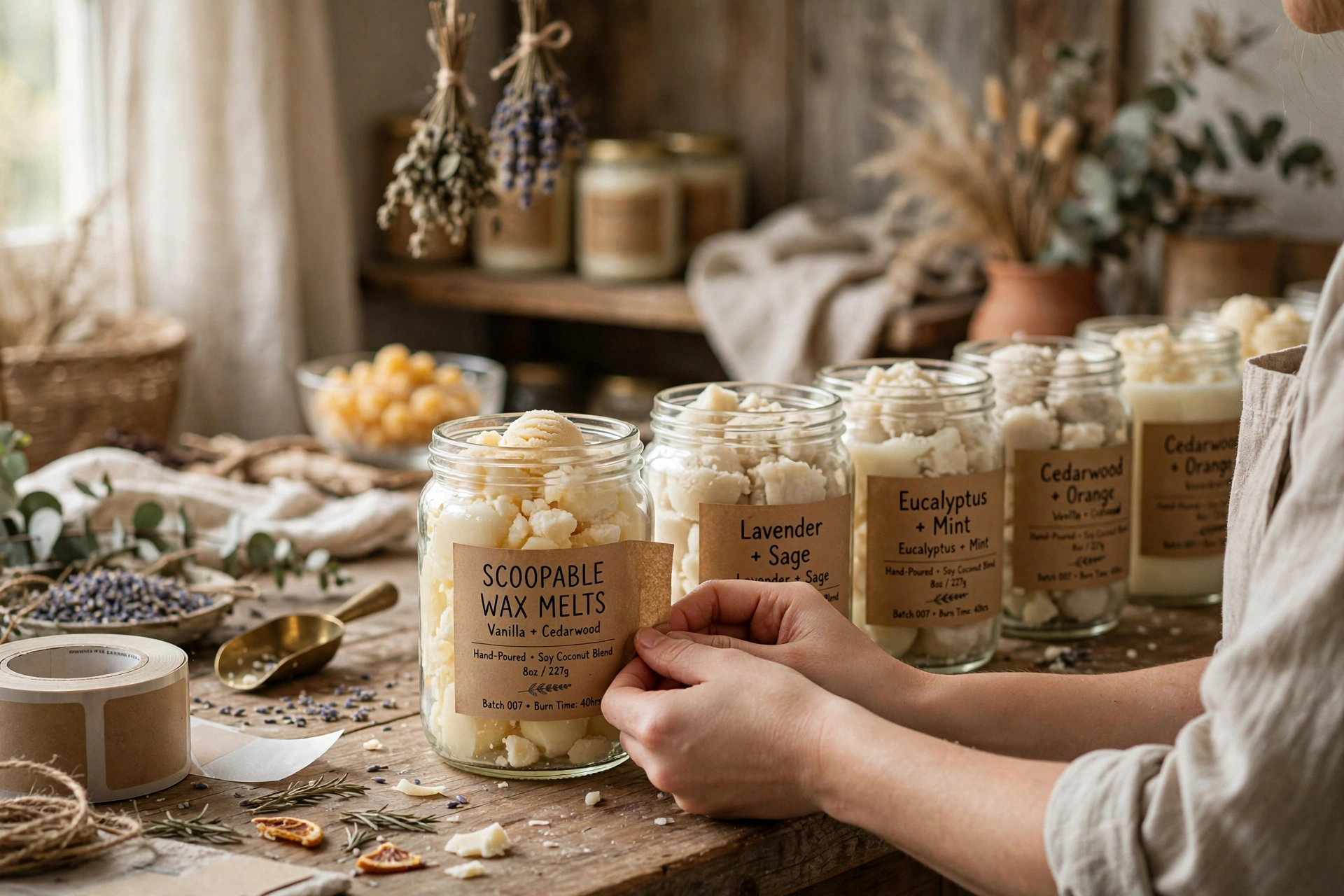 Labeling a finished jar of scoopable wax melts